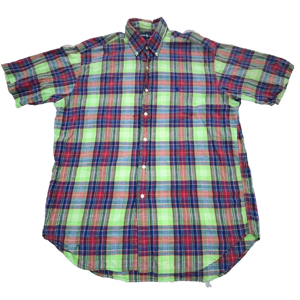 Ralph Lauren Shirt Men Large Button Up Blake Green Blue Multi Plaid Pony‎ Camp *